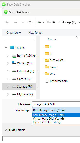 Image type selection menu