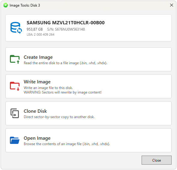 Image operations window for the selected disk