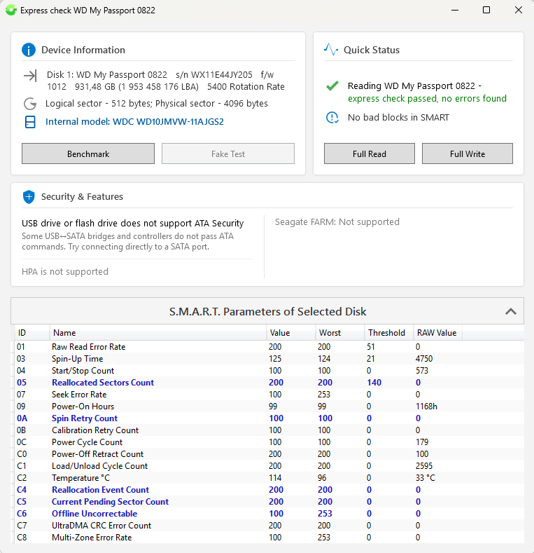 Express test results window for external HDD