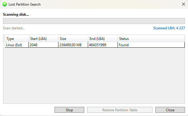 Program for searching deleted partitions