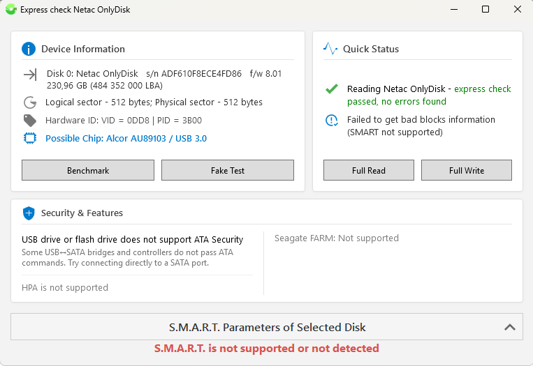 Express test results window for flash drive