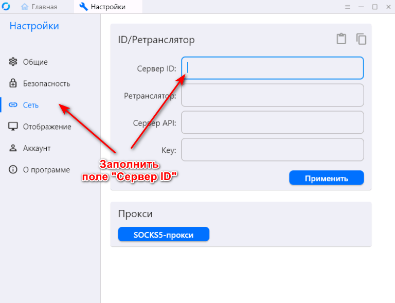 Сетевые настройки RustDesk
